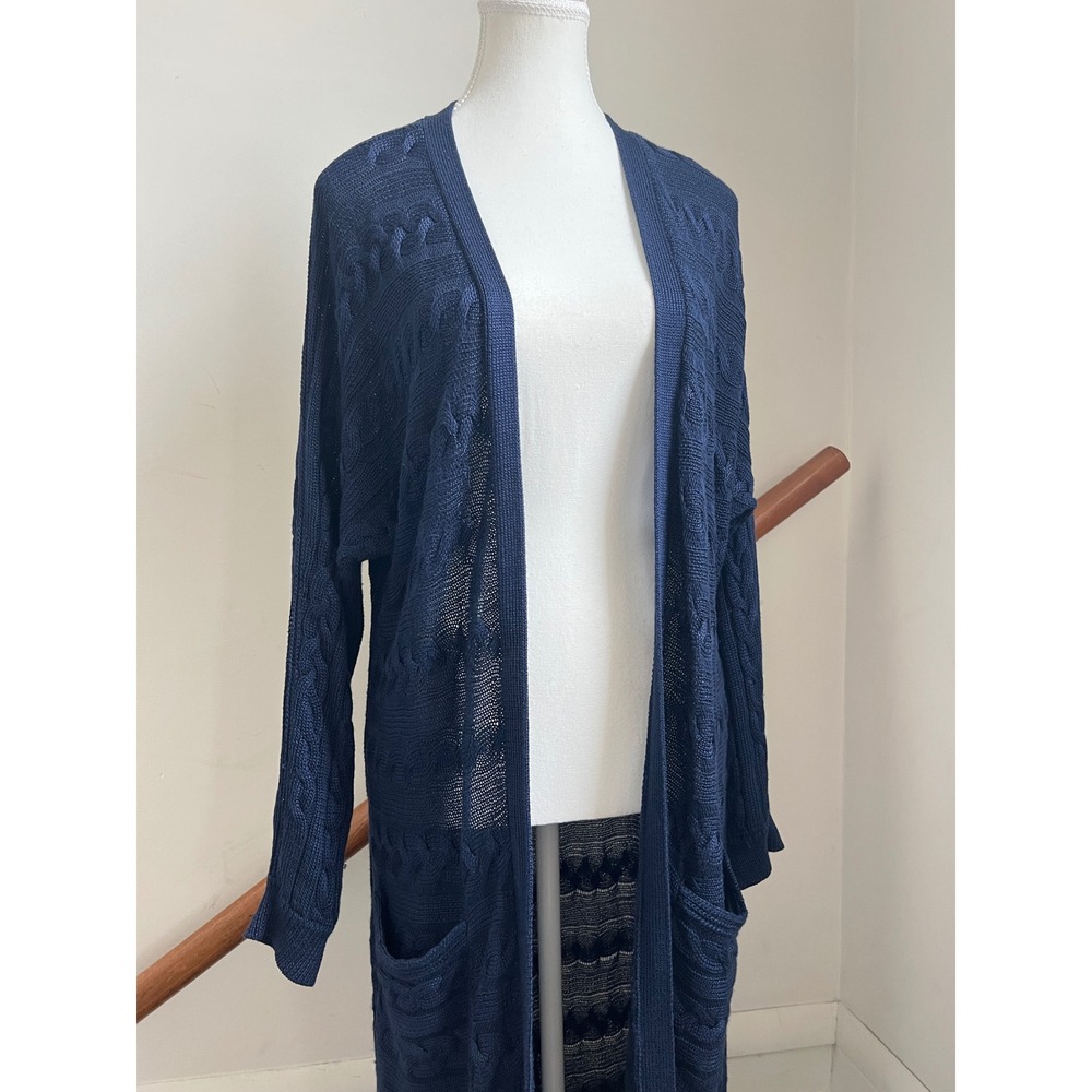 Lauren Ralph Lauren Navy Blue Open Knit Cable Longline Duster Cardigan Size M - Picture 3 of 11